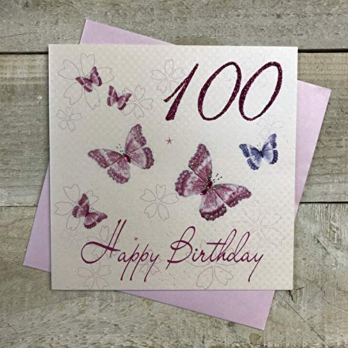 WHITE COTTON CARDS Białe bawełniane kartki różowe motyle, Happy 25 cm ręcznie wykonana kartka na 100. urodziny, WBB100 WBB100