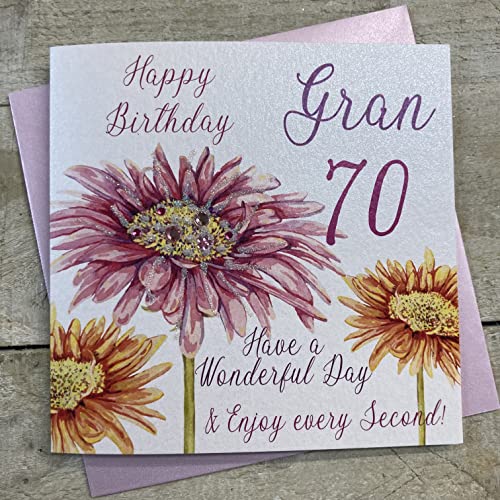 WHITE COTTON CARDS białe bawełniane kartki różowa gerbera, Happy 70 Gran Have a Wonderful Day ręcznie robiona kartka na 70. urodziny, biała, WBA70-G WBA70-G