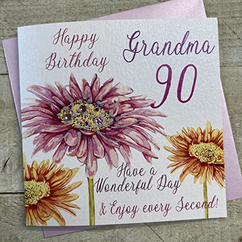WHITE COTTON CARDS white cotton cards Pink Gerbera, Happy 90 Grandma Have a Wonderful Day' ręcznie robiona kartka urodzinowa, biała, WBA90-GMA WBA90-GMA