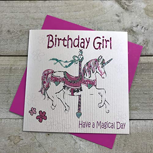WHITE COTTON CARDS Białe bawełniane kartki różowy koń, magiczny dzień ręcznie robione kartki urodzinowe dla dziewcząt, GL205 GL205