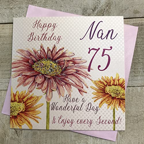 WHITE COTTON CARDS white cotton cards Różowa gerbera, Happy 75 Nan Have a Wonderful Day ręcznie robiona kartka na 75 urodziny, biała, wba75-nan wba75-nan