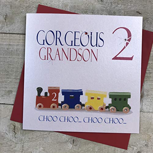 WHITE COTTON CARDS Białe bawełniane kartki neonowy pociąg zasięgowy, wspaniały wnuczek Choo. Choo ręcznie robiona kartka urodzinowa dla chłopców, ngs2 ngs2