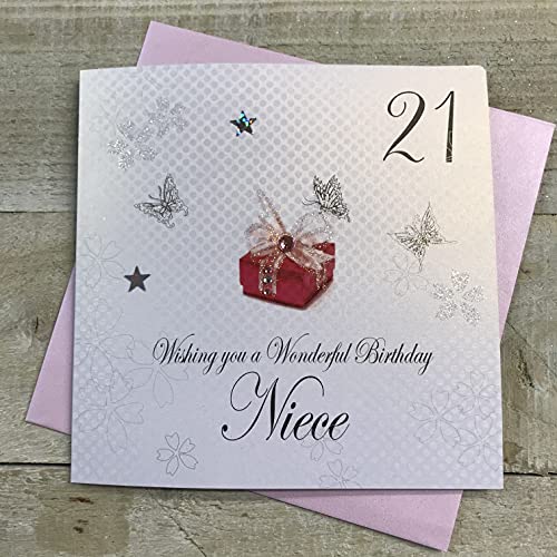 WHITE COTTON CARDS white cotton cards bdp21-n 'Red Present, Wishing you a Wonderful Birthday siostrzenica' ręcznie robiona kartka na 21 urodziny, biała bdp21-n