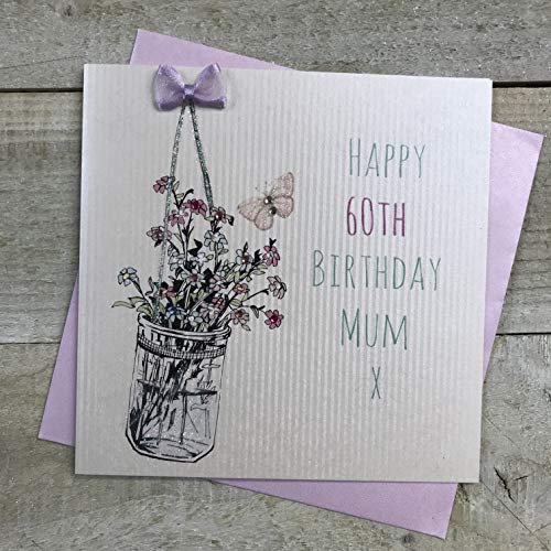 WHITE COTTON CARDS Białe bawełniane kartki 'Happy', kwiaty mama ręcznie robione 60-te urodziny, e7-m60 e7-m60