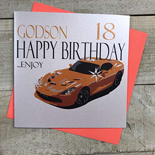 WHITE COTTON CARDS white cotton cards Ręcznie robiona karta Godson 18 Happy Enjoy pomarańczowy samochód sportowy karta na 18. urodziny, biała, N62-GD18 N62-GD18