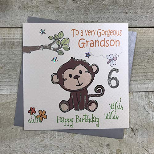 WHITE COTTON CARDS białe bawełniane kartki bezczelna małpa, To A Very Gorgeous Grandson' 6 Happy Handmade Karta 6th Birthday', biała, GL224-6 GL224-6