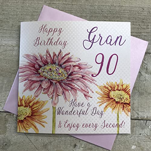 WHITE COTTON CARDS białe bawełniane kartki różowa gerbera, Happy 90 Gran Have a Wonderful Day ręcznie robiona kartka na 90. urodziny, biała, WBA90-G WBA90-G