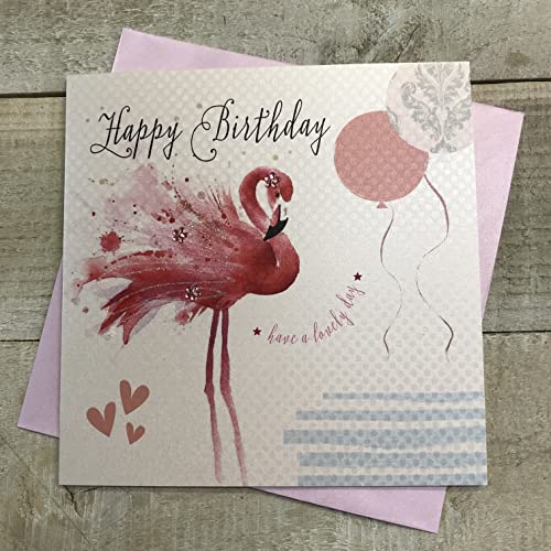 WHITE COTTON CARDS Białe bawełniane kartki flamingi Happy Handmade Birthday Card BD81 BD81