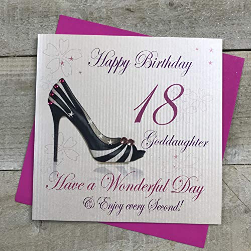 WHITE COTTON CARDS białe bawełniane kartki 'Happy 18 Goddaughter Have a Wonderful Day' ręcznie robiona kartka na 18 urodziny, biała, WBA18-God.d WBA18-God.d