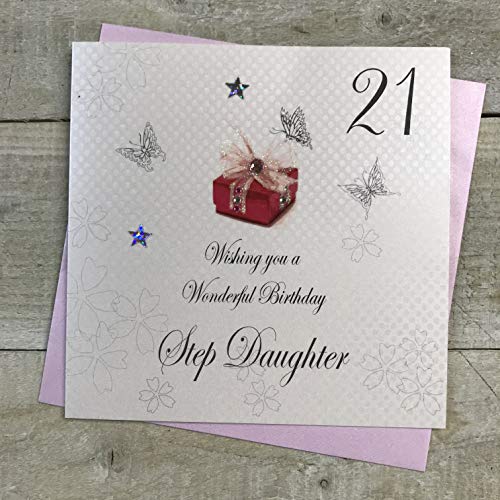 white cotton cards 21 'Wishing you a Wonderful Special Daughter' ręcznie robiona karta na 21 urodziny, biała, bdp21-D