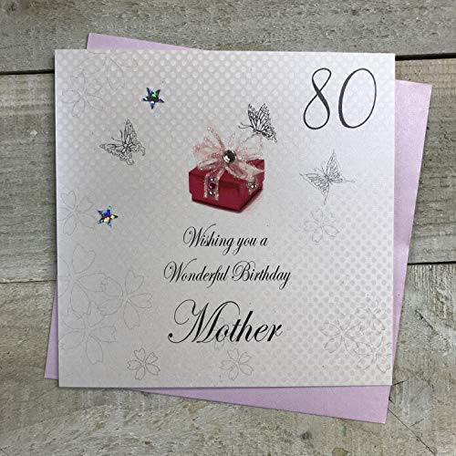 WHITE COTTON CARDS białe bawełniane kartki 80 'Wishing you a Wonderful Mother Handmade 80-te urodziny, biała, bdp80-M bdp80-M
