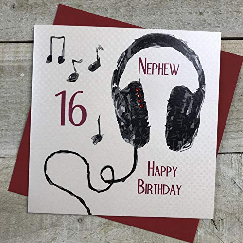 WHITE COTTON CARDS white cotton cards Ręcznie wykonane słuchawki 'Nephew 16 Happy Headphones karta na 16. urodziny, białe, SB54-N16 SB54-N16