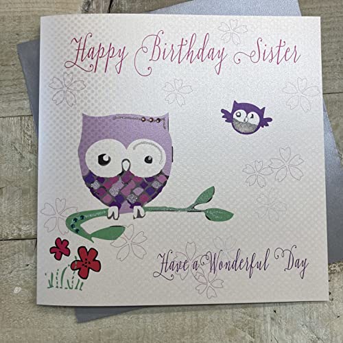 WHITE COTTON CARDS białe bawełniane kartki 1 sztuka Happy Birthday Sister Have A Wonderful Day bardzo duża kartka urodzinowa, sowa XLBD12