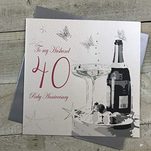 WHITE COTTON CARDS białe bawełniane kartki 'Large to My Husband' Ruby Wedding', ręcznie robione karty z okazji 40-tej rocznicy, białe, XLBD40H XLBD40H