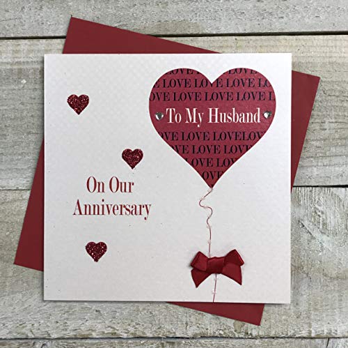 WHITE COTTON CARDS White Cotton Cards 'Husband Anniversary' ręcznie wykonana kartka z sercem i balonem, biała, PD90 PD90
