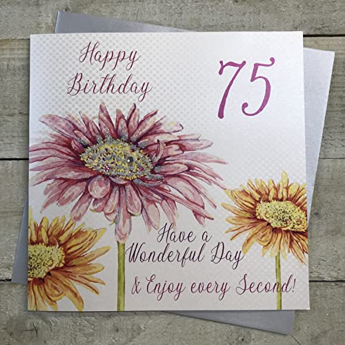 WHITE COTTON CARDS białe bawełniane kartki 1-sztuka Happy 75th Birthday bardzo duża kartka urodzinowa, różowy kwiat XLWBA75