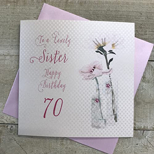 white cotton cards Dmuchawiec, Happy Lovely Sister' 180 cm ręcznie wykonana kartka na 70 urodziny, biała, bd65-70
