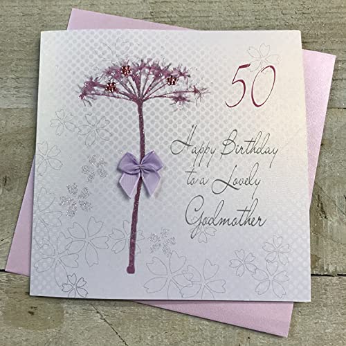 WHITE COTTON CARDS białe bawełniane kartki mniszek lekarski, Happy Lovely Godmother 50 cali ręcznie robiona kartka 50. urodziny, biała, bd42-50 bd42-50