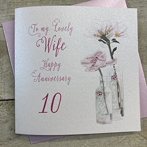 WHITE COTTON CARDS białe bawełniane kartki mniszek lekarski, Happy Lovely Wife ręcznie robione karty 10-tej rocznicy, białe, BD66-10 BD66-10