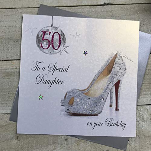 WHITE COTTON CARDS Białe bawełniane kartki duża brokatowa kula i buty, 50 dla specjalnej córki ręcznie wykonana kartka na 50. urodziny, X50D X50D