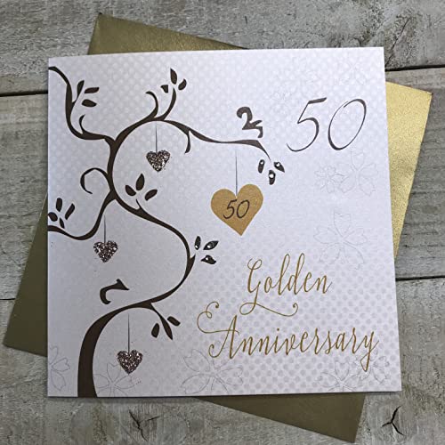 WHITE COTTON CARDS białe bawełniane kartki złote ślub, ręcznie robione 50. karta (drzewo rocznicowe, kod AB50) AB50