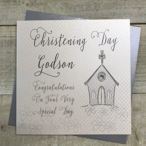 WHITE COTTON CARDS białe bawełniane kartki srebrny kościół, Dzień Godson gratulacje ręcznie robione kartka na chrzest, biała, WB46C-GOD/S WB46C-GOD/S