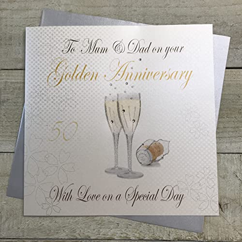 WHITE COTTON CARDS białe bawełniane kartki 'To Mum and Dad', ręcznie robione duże 5-te złote karty rocznicowe szampana, XLWA50M XLWA50M