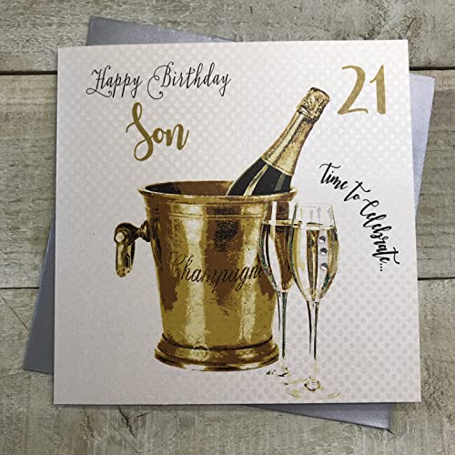 WHITE COTTON CARDS białe bawełniane kartki Wiadro do szampana brokatowe, syn 21 Happy Handmade Kartka na 21 urodziny, Biały, WBS21-SON WBS21-SON