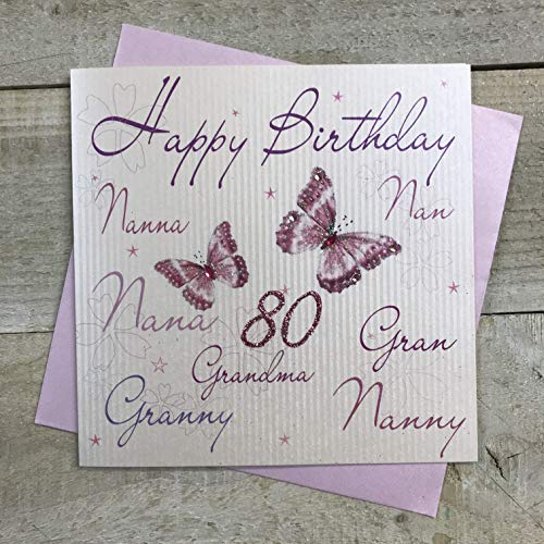 WHITE COTTON CARDS białe bawełniane kartki niania, nana, babcia, babcia, niania, babcia, babcia, babcia, szczęśliwe 203 cm ręcznie wykonana kartka z okazji 80-tych urodzin, biała, wb125-80 wb125-80