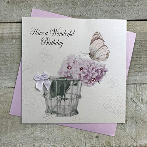 WHITE COTTON CARDS Białe bawełniane kartki 'Have A Wonderful Handmade Birthday' kartka urodzinowa, biała, BD174, 16 x 16 cm BD174