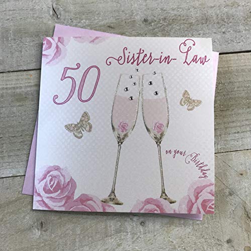 WHITE COTTON CARDS 'Happy 50th Birthday' kartka siostra teściowa kieliszki do szampana różowe róże od białych bawełnianych kart SS42-SIL50 SS42-SIL50