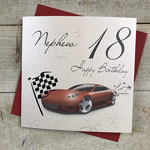 WHITE COTTON CARDS white cotton cards Samochód wyścigowy, siostrzeń 18 szczęśliwych ręcznie robionych kart na 18. urodziny, biały, WBA18C-N WBA18C-N