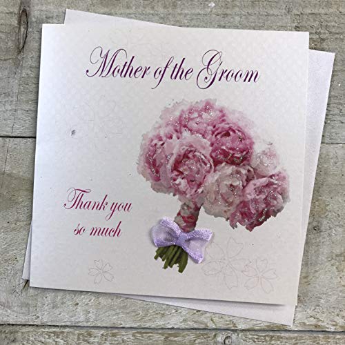 WHITE COTTON CARDS White Cotton Cards Mother of The Groom Thank You So Much ślubna ręcznie wykonana kartka z bukietem, biała, PD13 PD13