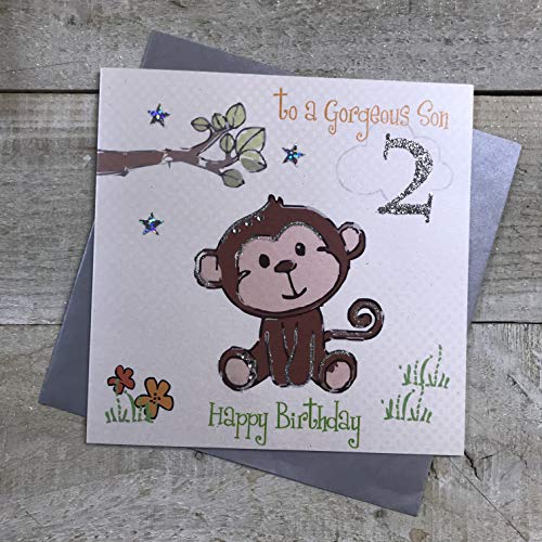WHITE COTTON CARDS White Cotton Cards GLA2s bezczelna małpa 'To A Gorgeous Son Happy Birthday' ręcznie wykonana kartka na drugie urodziny GLA2s