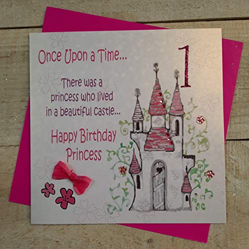 WHITE COTTON CARDS białe bawełniane kartki Once Upon A Time. Happy Princess 1, ręcznie robiona kartka na 1. urodziny (astle) GS5