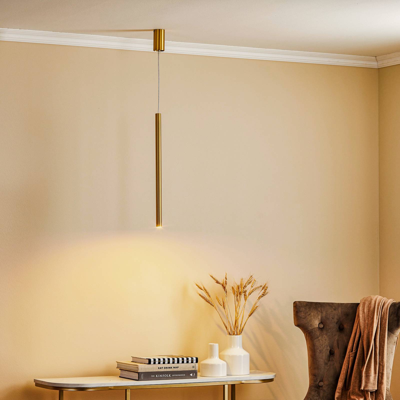 Lampa wisząca Sopel 1, prosta, mosiądz błyszczący