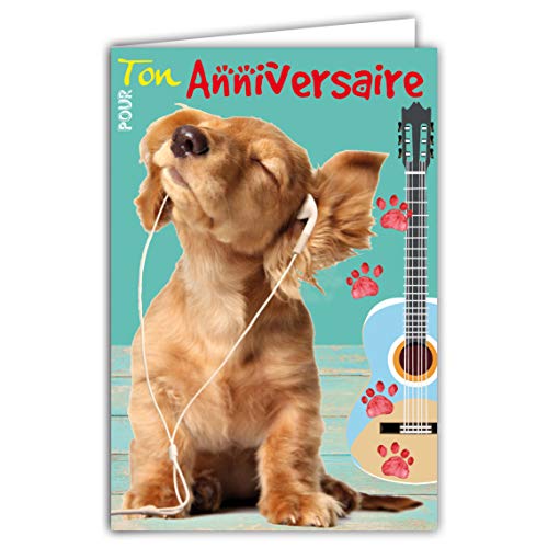 Karta na urodziny psa szczeniaka labrador retriever urocze słuchawki muzyka gitara łapy wyprodukowane we Francji