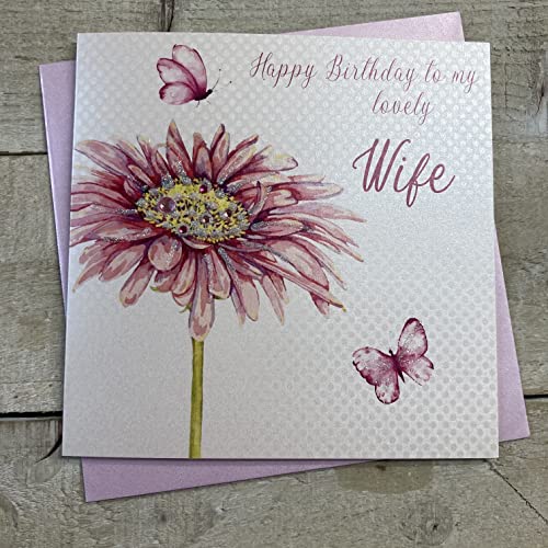 WHITE COTTON CARDS White Cotton Cards Pink Gerbera to My Lovely Wife Happy Handmade Kartka urodzinowa, biała, WS43 WS43