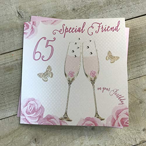 WHITE COTTON CARDS 'Happy 65th Birthday' kartka specjalny przyjaciel kieliszki do szampana różowe róże od białych bawełnianych kart SS42-SF65 SS42-SF65