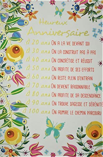 Afie Afie kartka z życzeniami, urodziny, kwiaty, motyle, duży tekst, wiek 20 30 40 50 60 70 80 90 100 lat, pozłacana, wyprodukowana we Francji 65-1228