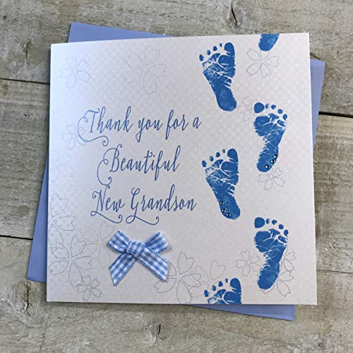 WHITE COTTON CARDS 'Thank You for A Beautiful New Grandson' ręcznie robiona karta - odciski stóp - wyprodukowane przez WHITE BAWEŁNA CARDS WB224-BGS WB224-BGS