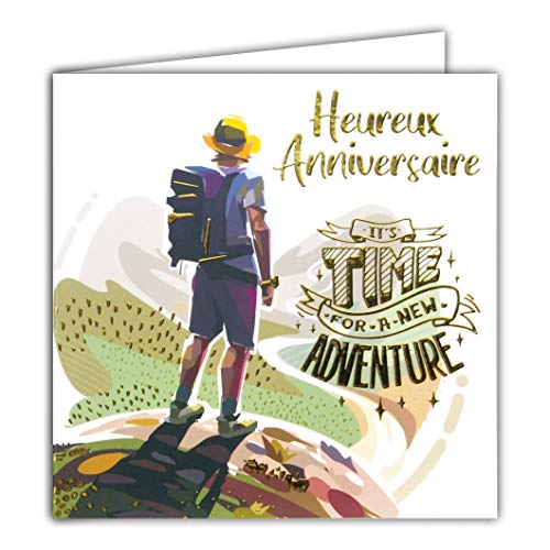 Afie Kwadratowa kartka złota talizman urodziny It's Time for a New Adventure wędrowiec poszukiwacz przygód odkrywca natury 22033