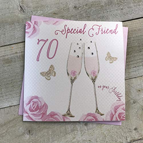 WHITE COTTON CARDS 'Happy 70th Birthday' kartka specjalny przyjaciel kieliszki do szampana różowe róże od białych bawełnianych kart SS42-SF70 SS42-SF70