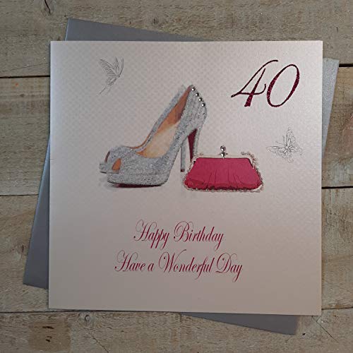 white cotton cards 40 'Happy Wonderful Day', ręcznie wykonana duża kartka na 40. urodziny (buty i torba)