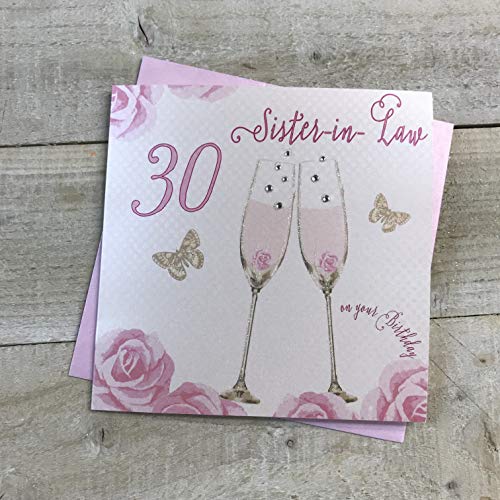 WHITE COTTON CARDS 'Happy 30th Birthday' kartka siostra teściowa kieliszki do szampana różowe róże od białych bawełnianych kart SS42-SIL30 SS42-SIL30
