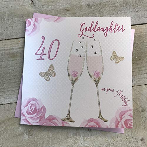 WHITE COTTON CARDS 'Happy 40th Birthday' kartka chrzestna kieliszki do szampana różowe róże od białych bawełnianych kart SS42-GODD40 SS42-GODD40