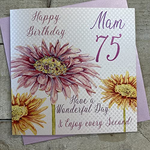 WHITE COTTON CARDS white cotton cards 'Happy 75 Mam Have a Wonderful Day' ręcznie robiona kartka na 75. urodziny (różowy, gerbra) wba75-mam