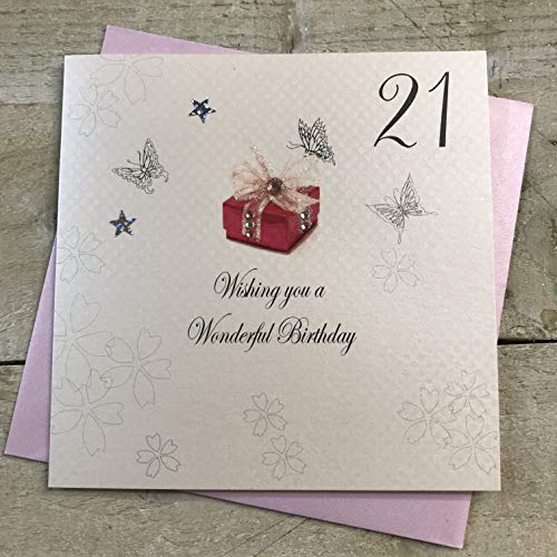 WHITE COTTON CARDS White Cotton Cards Wiek 21 ręcznie wykonana kartka urodzinowa, biała BDP21