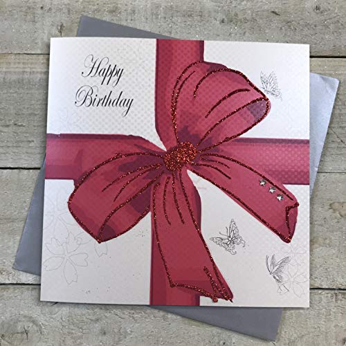 WHITE COTTON CARDS białe bawełniane kartki 1-sztuka Happy Birthday bardzo duża ręcznie wykonana kartka urodzinowa, duża czerwona kokarda XLBD24