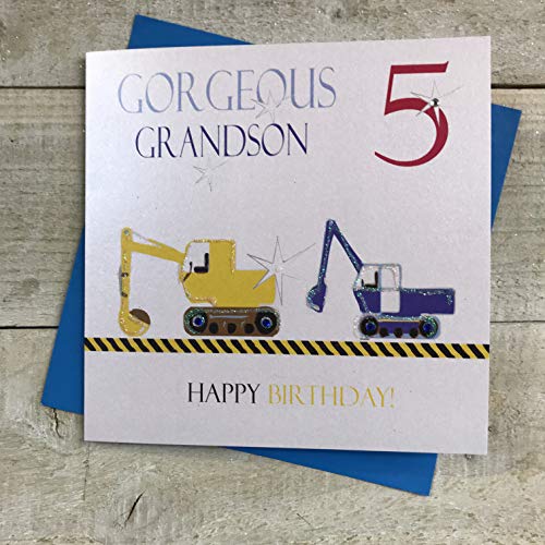White Cotton Cards Wspaniały wnuczek 5 Happy, Diggers ręcznie wykonana kartka na 5. urodziny, Ngs5